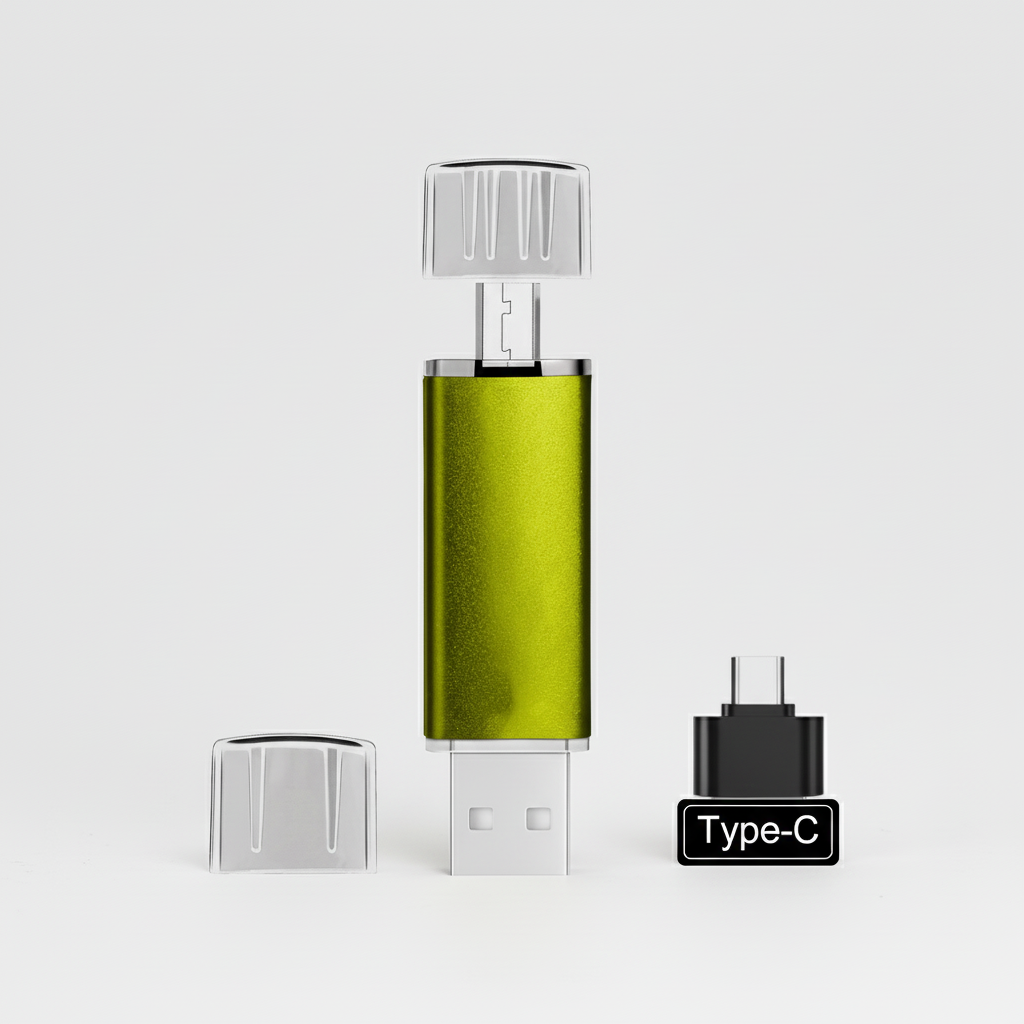 Närbild på OTG USB-minnets kontakter, USB-A och micro-USB, för mångsidig filöverföring.