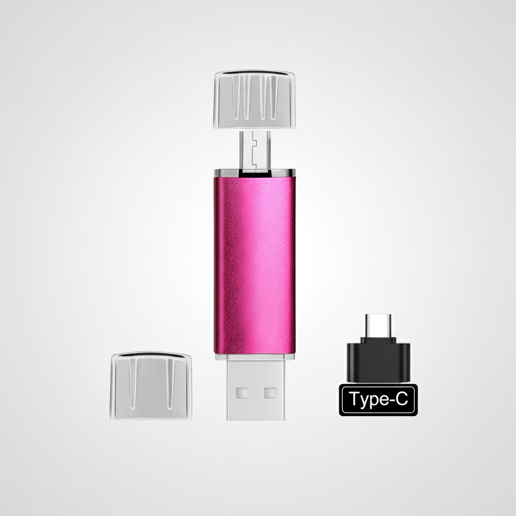 Svart OTG USB-minne på ett skrivbord, symboliserar kontorsmaterial och tillförlitlig datalagring.