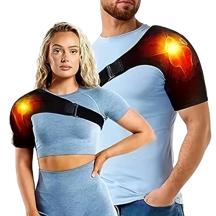 Man och kvinna som visar passform för unisex axelskydd