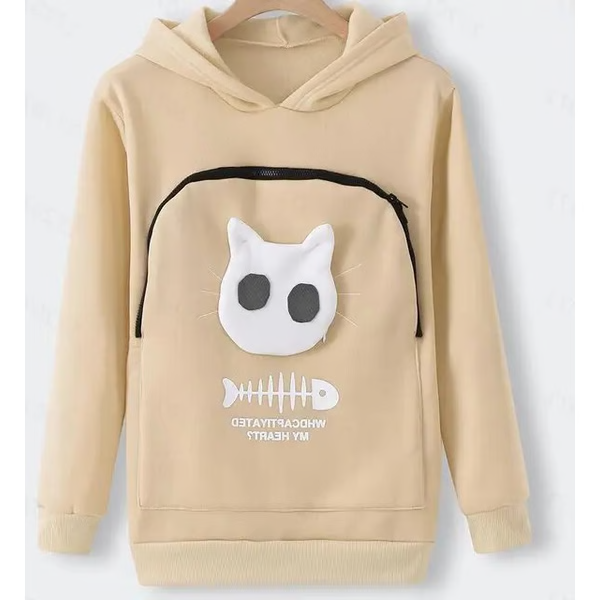Beige kattpåse hoodie med luva och dekorativt fiskbensmönster på framsidan