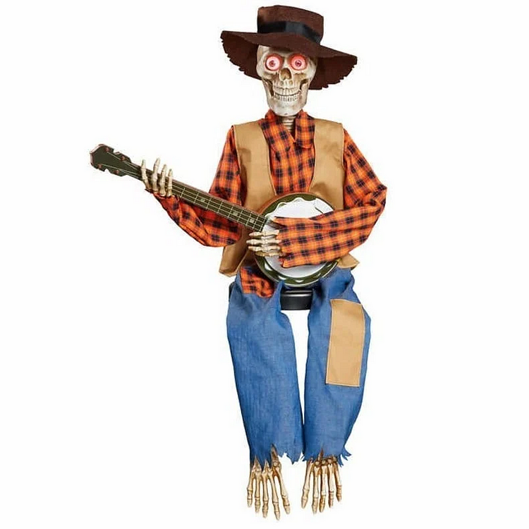 Animerat banjo-skelett med hatt och rutig skjorta