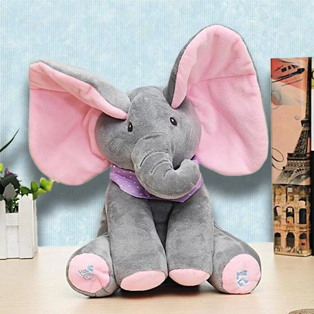 Söt grå och rosa elefant plyschleksak sittande