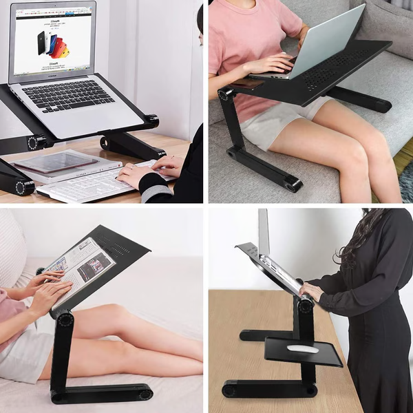 Kollage som visar laptopstativet använt i sängen, i soffan och på skrivbordet