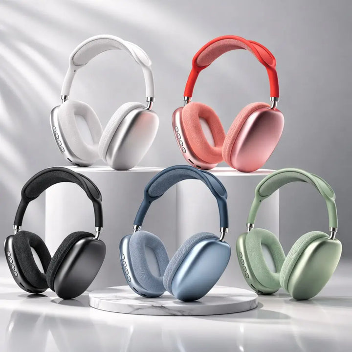 Trådlösa over-ear-hörlurar uppradade i färgerna silver, svart, ljusblå, röd och grön