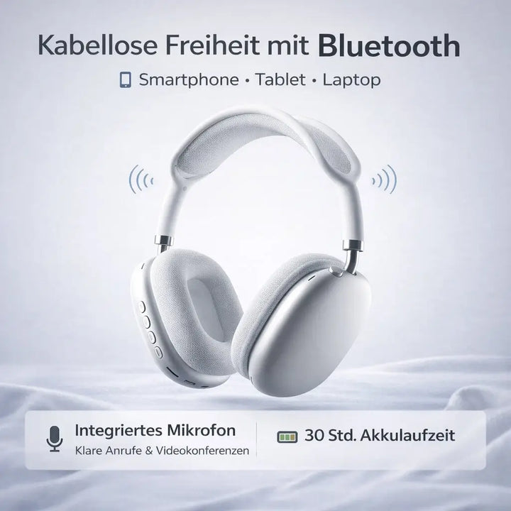 Vita trådlösa over-ear-hörlurar med bluetooth-symboler och specifikationer