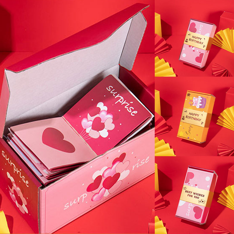 Överraskningspresentask med popup-effekt i glada färger som rosa och gul, perfekt för födelsedagar och fester.