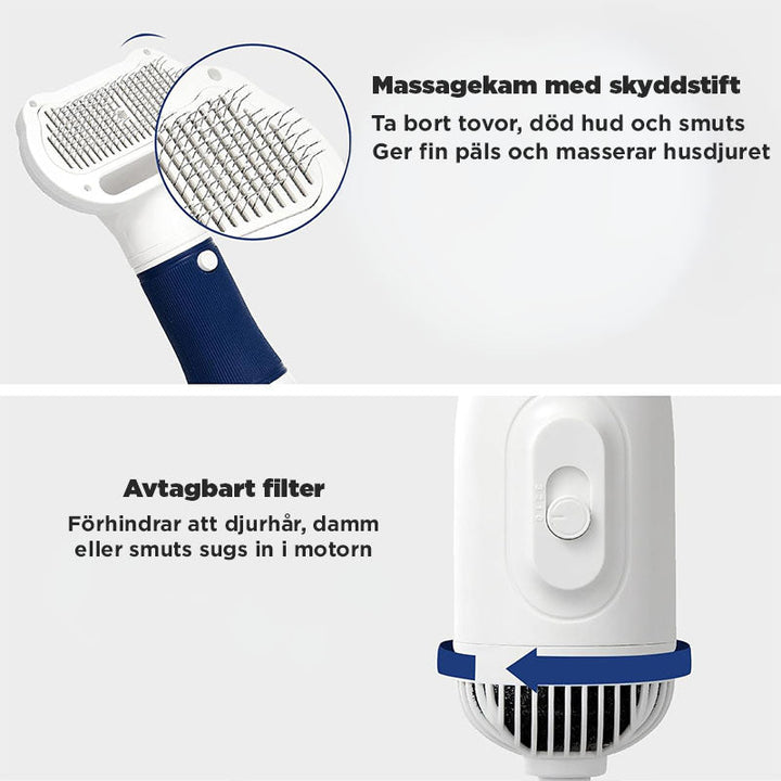 Detaljbild av pälsfönens borsthuvud, designad för att vårda & reda ut pälsen under torkning av husdjur.