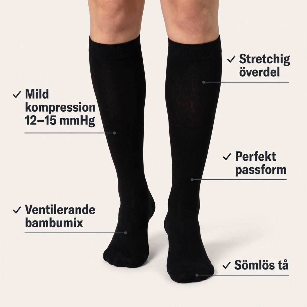 Zvarelo svarta knähöga stödstrumpor som visar mild kompression och sömlös tå