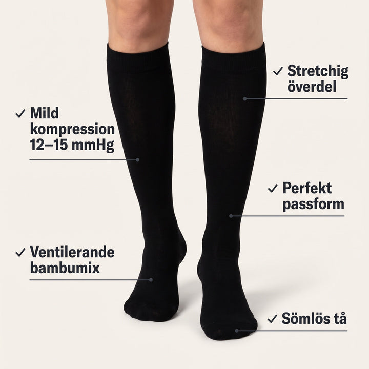 Zvarelo svarta knähöga stödstrumpor som visar mild kompression och sömlös tå