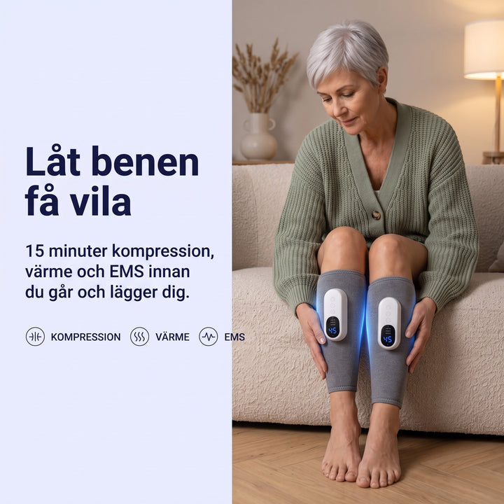 Kvinna i soffan som använder Zvarelo vadmassage för trötta underben.