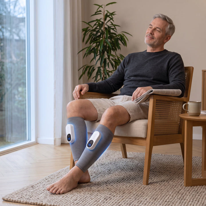 Man som sitter i en fåtölj och kopplar av med Zvarelo vadmassage på benen.