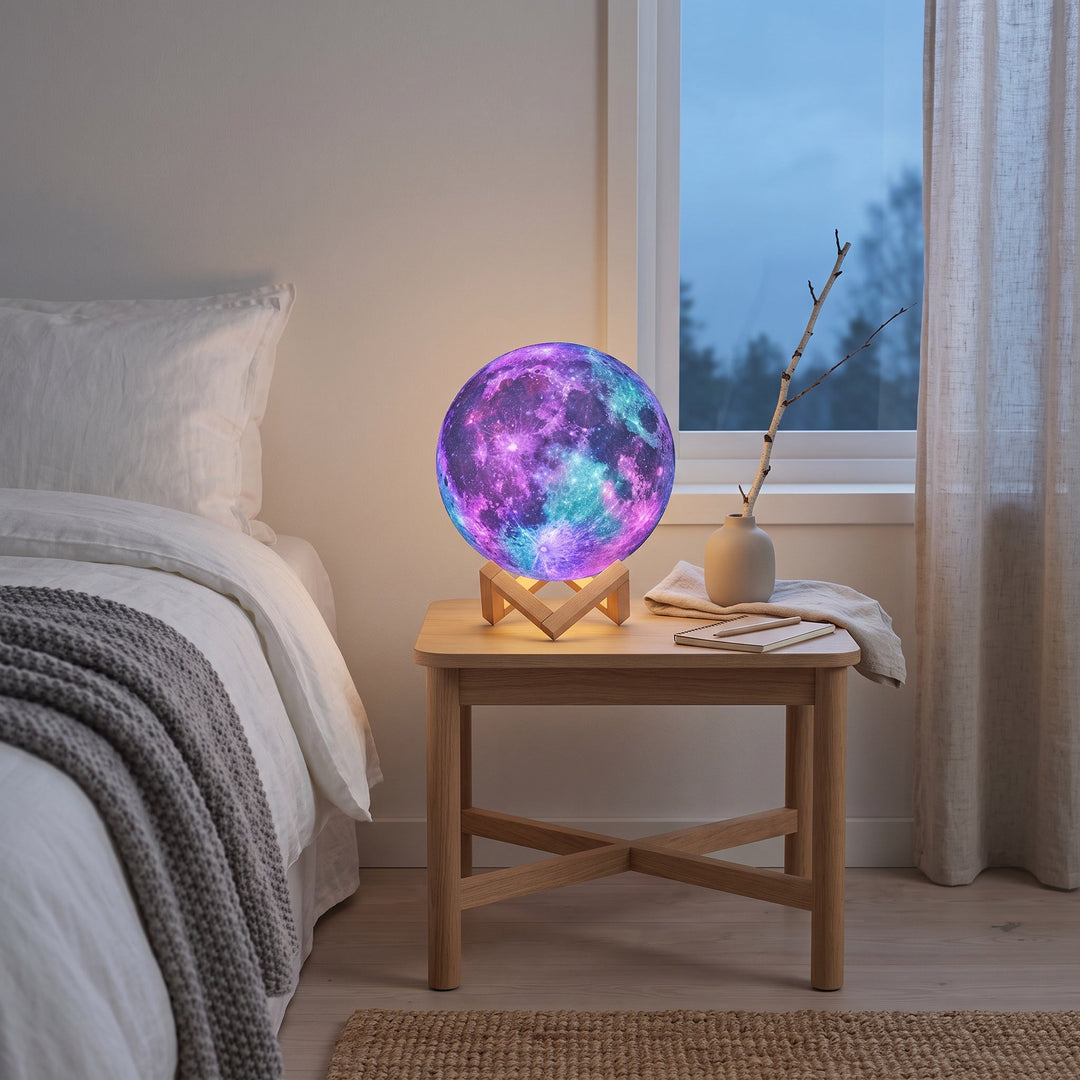 Zvarelo månlampa med galaxmönster tänd på ett nattduksbord i ett mysigt sovrum