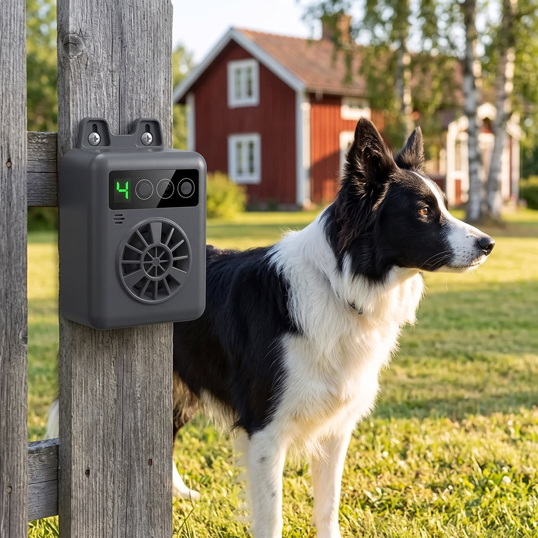 Zvarelo ultraljudsenhet monterad på ett trästaket utomhus med en hund bredvid