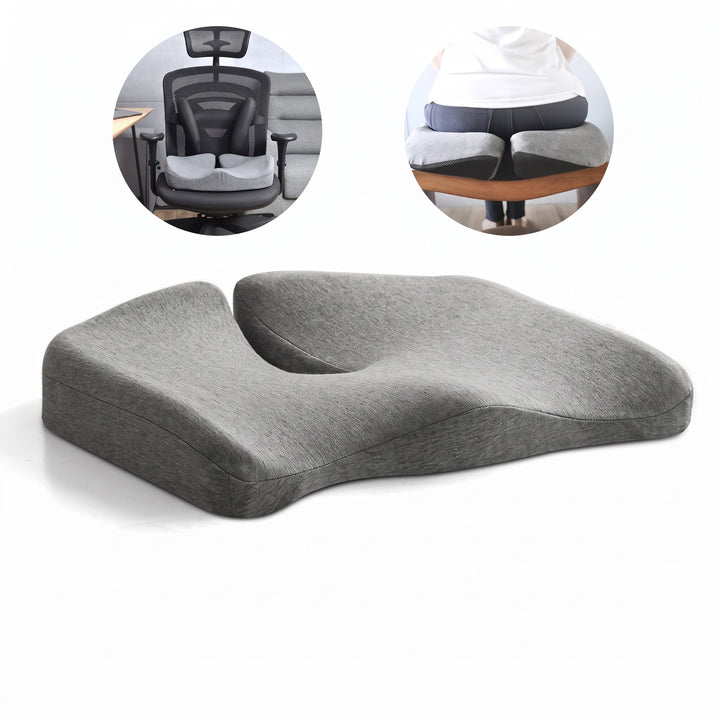 Närbild på Zvarelo sittkudde i gråt tyg som visar den ergonomiska U-formen