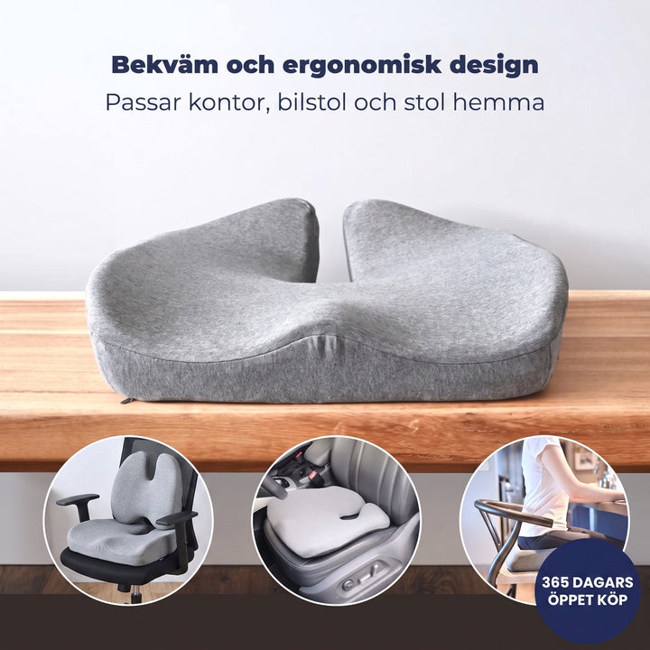 Ortopedisk sittkudde sedvanligt placerad på kontorsstol för optimal sittkomfort