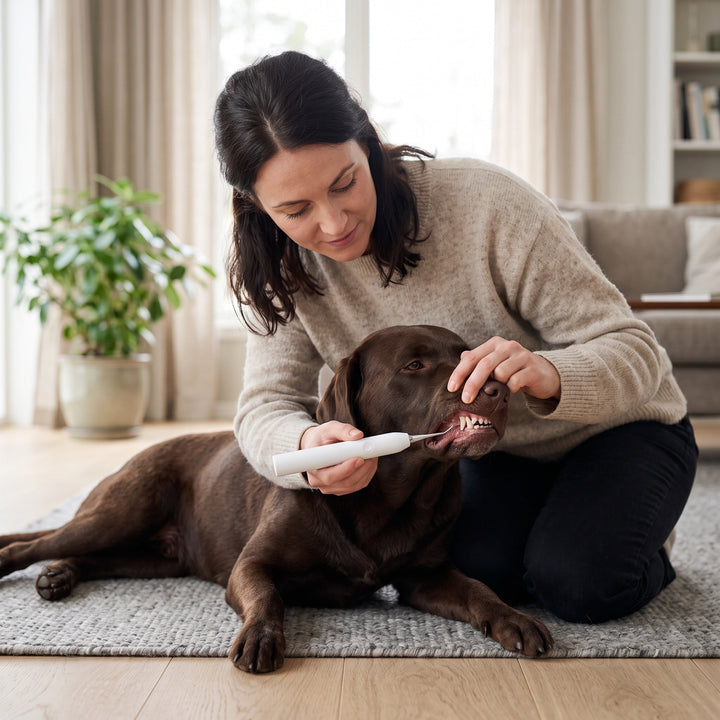 Kvinna som använder Zvarelo ultraljud tandskrapa på sin hund hemma i vardagsrummet