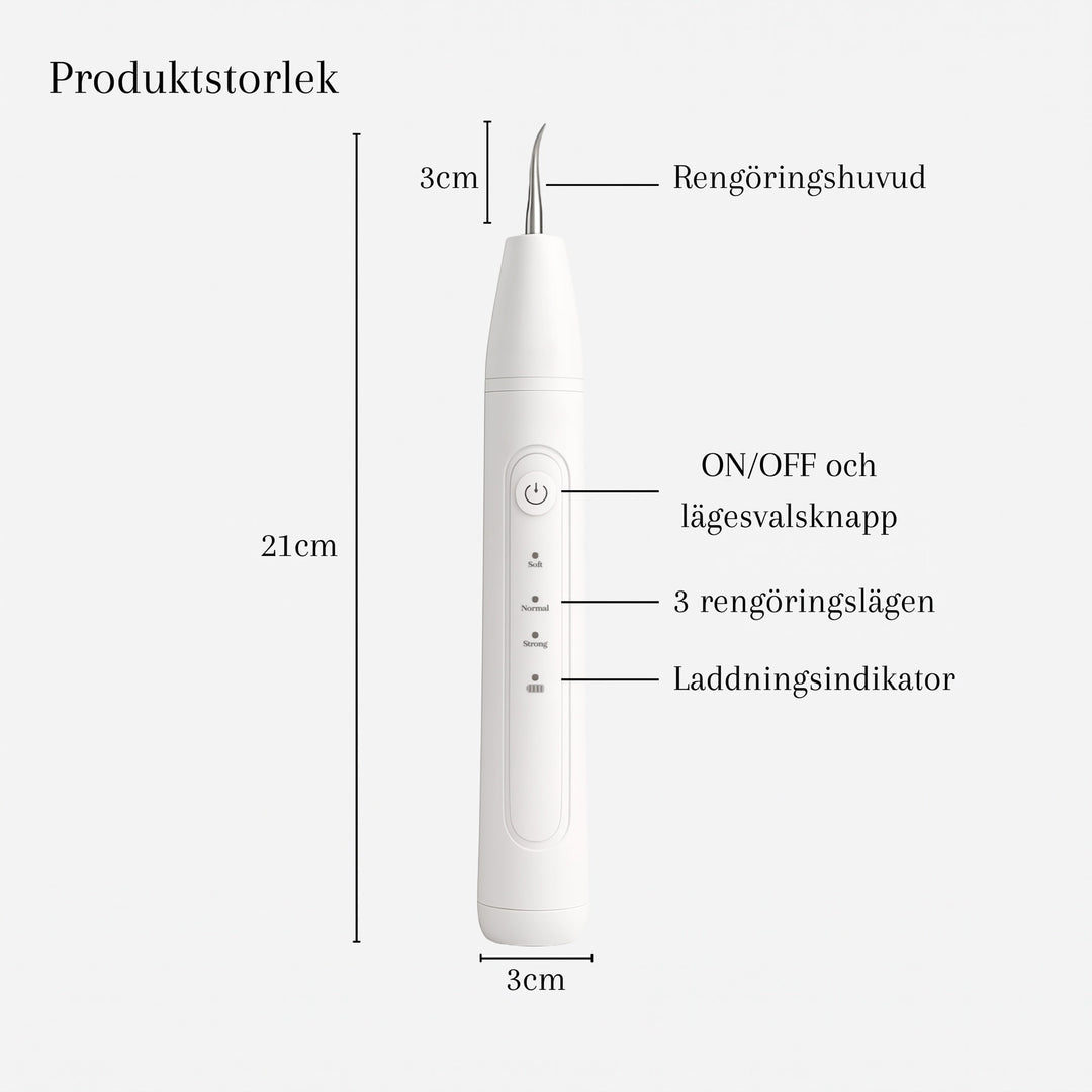 Tekniska mått och funktioner för Zvarelo tandskrapa med tydliga markeringar