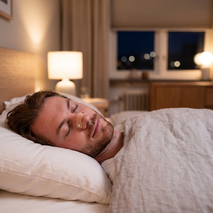 Man som sover lugnt med Zvarelo magnetisk näsvidgare på näsan