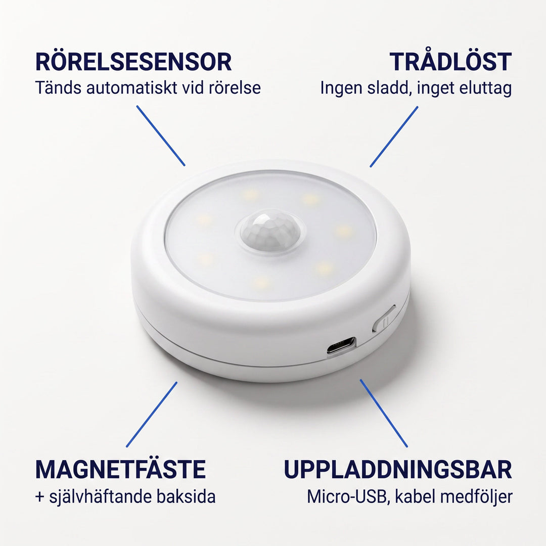 Närbild på vit rund LED-spotlight med sensor och magnetfäste