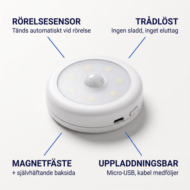 Närbild på vit rund LED-spotlight med sensor och magnetfäste