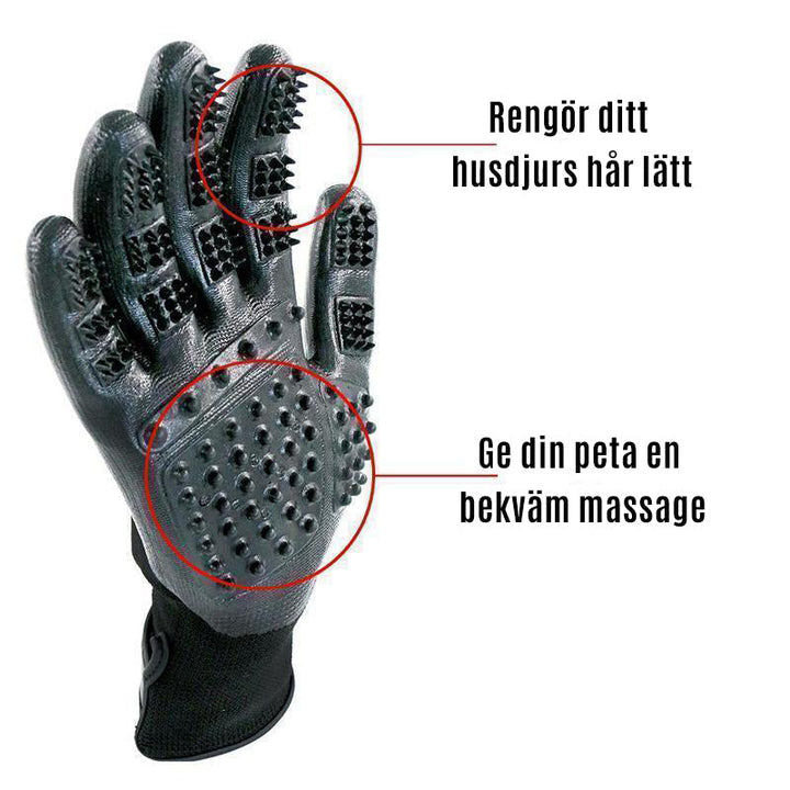 "Pälsvårdshandske med femfingersdesign för smidig pälsvård, bra grepp, löst pälshår, gummiundersida för massage."
