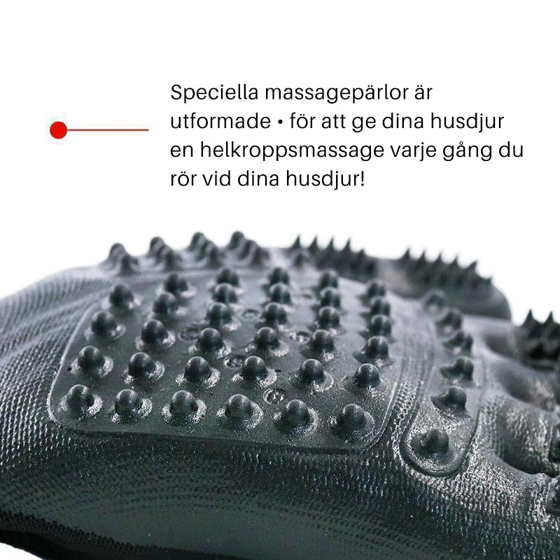 "Pälsvårdshandske med femfingersdesign för smidig pälsvård, bra grepp, löst pälshår, gummiundersida för massage."