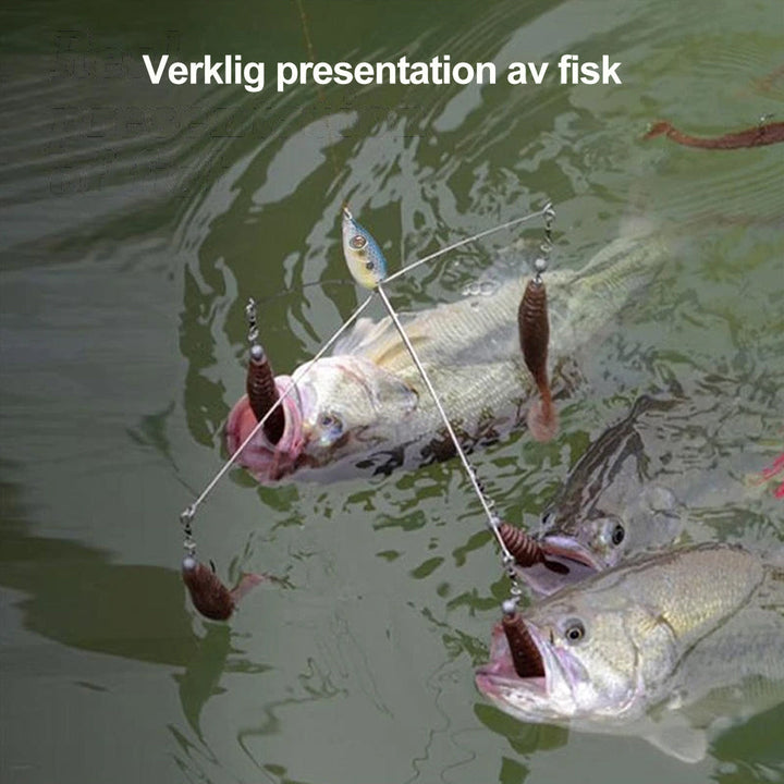"Paraplyrigg fiskedrag med metallpaljetter och fem beten, mångsidig design för effektivt fiskeäventyr."