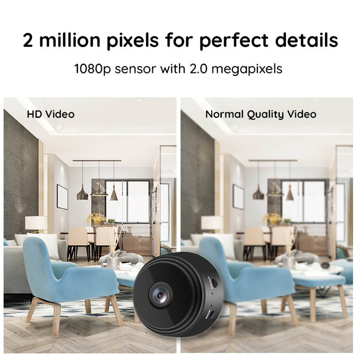HD 1080P mini kamera i elegant svart färg på vit bakgrund