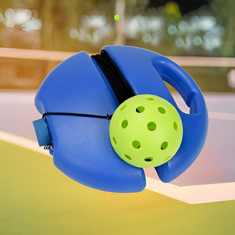 Blå pickleball tränare med lysande grön boll och elastiskt rep