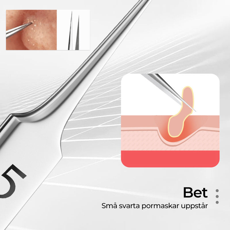 Precisionspincetter i rostfritt stål för borttagning av pormaskar, silverfärgade, närbild, hudvårdsverktyg för skönhet och välbefinnande.