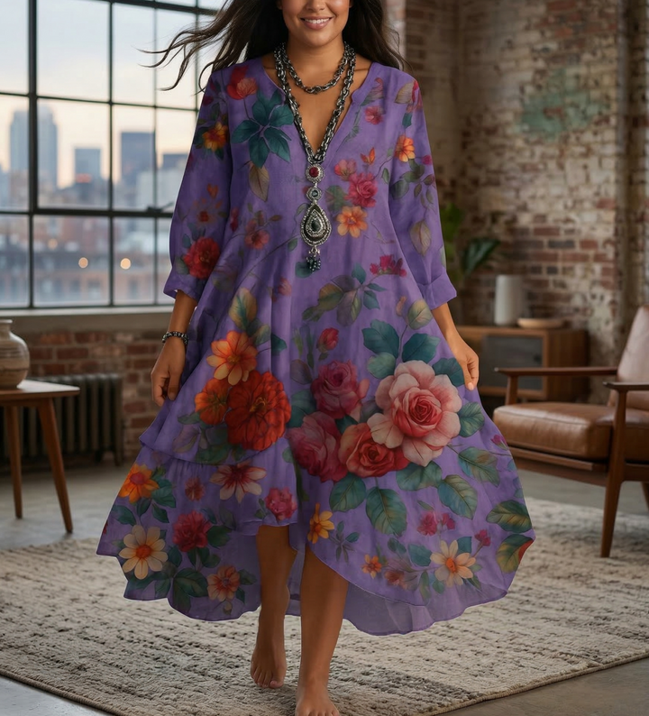 Kvinna som bär den lila varianten av damklänning Celestine Breezy Boho