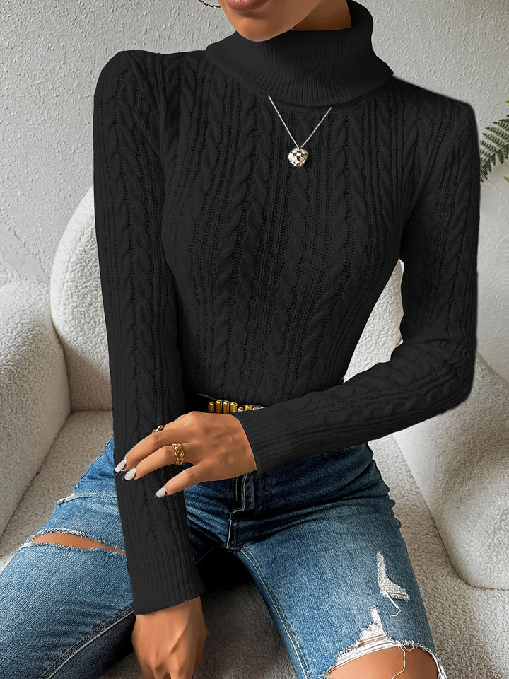 Svart dam cable knit polotröja med lång ärm och flätmönster