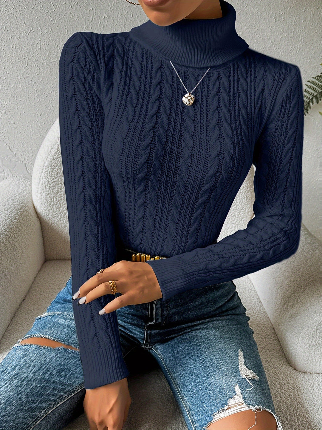Mörkblå dam cable knit polotröja för höst och vinter