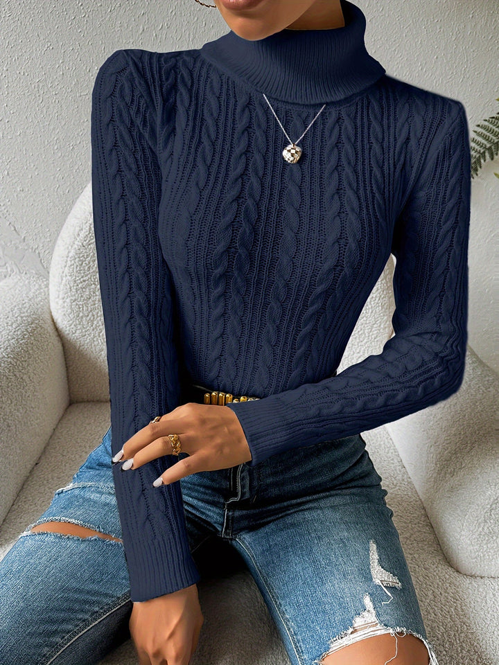 Mörkblå dam cable knit polotröja för höst och vinter
