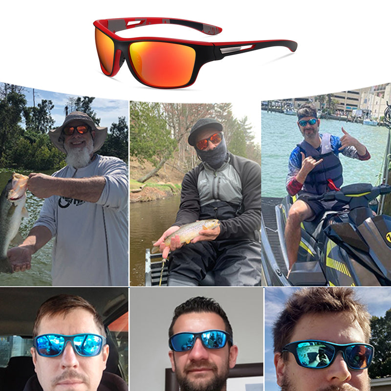 Herrsolglasögon med polariserade och fotokromiska linser, sportig design, skyddar mot bländning och UV-strålar, flexibel ram.