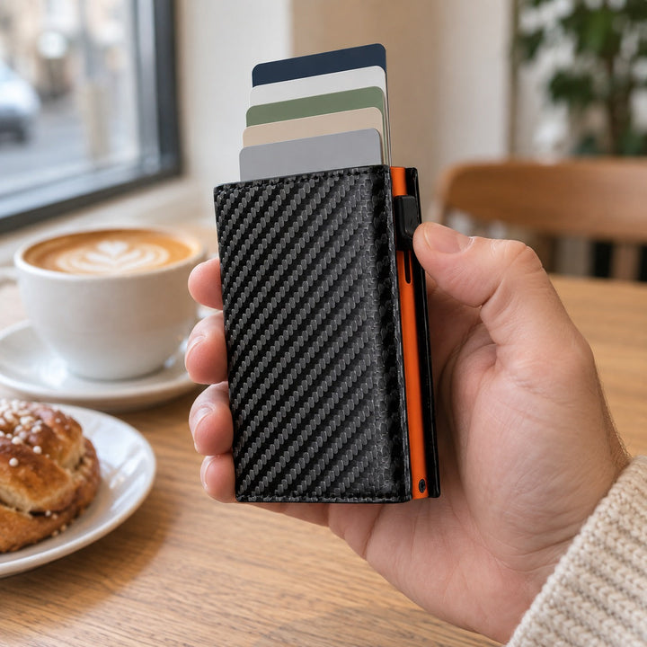 Zvarelo pop-up-plånbok med kolfibermönster och orange detalj som hålls i handen