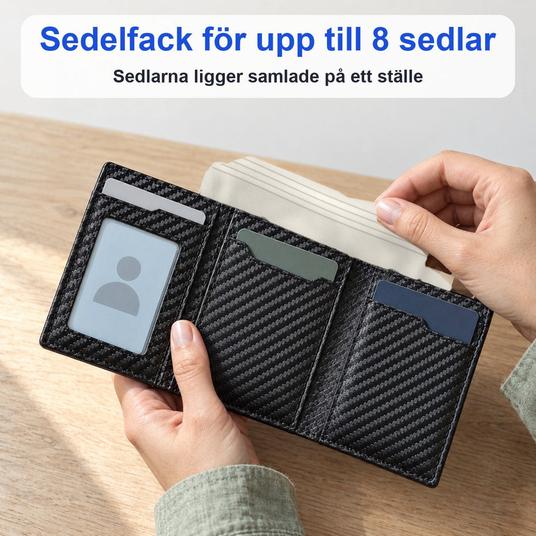 Öppen Zvarelo pop-up-plånbok med sedelfack, ID-fönster och kortplatser