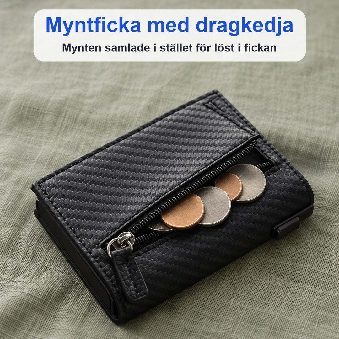 Pop-up plånbok i aluminium med korthållare och praktisk myntficka