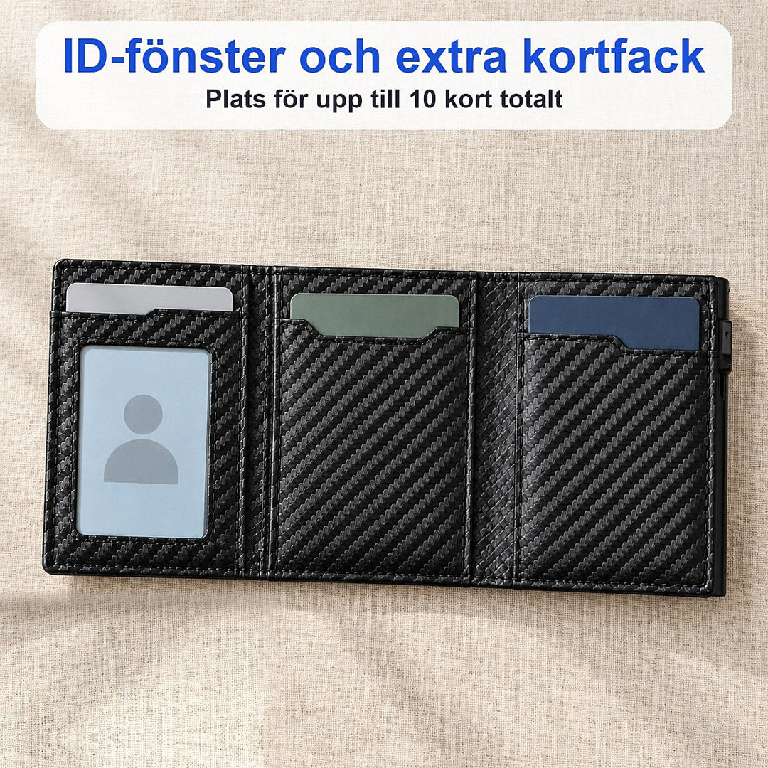RFID-blockerande herrplånbok med snabbknapp för enkel kortåtkomst
