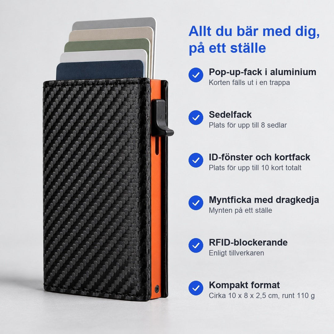 Modern plånbok i metall med korthållare och skydd mot skimming