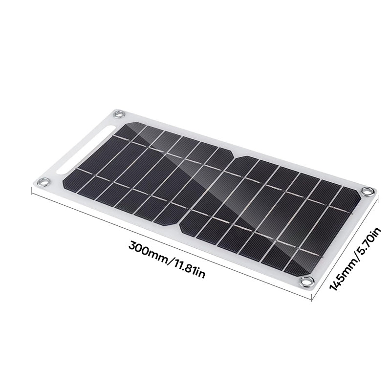 "Portabel 30W solpanel med USB, tunn design, svart yta, sugkoppar för montering, perfekt för utomhusäventyr."
