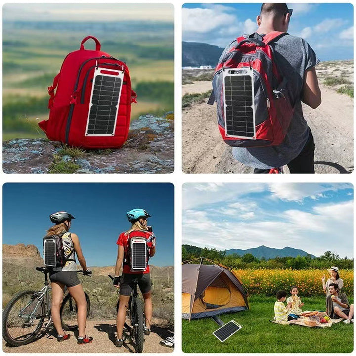 "Portabel 30W solpanel med USB, tunn design, svart yta, sugkoppar för montering, perfekt för utomhusäventyr."