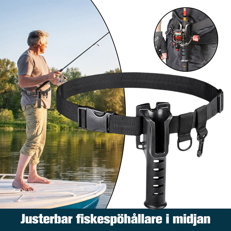 "Portabel fiskespöhållare i svart, grön och kaki med bältesfäste, gör fisket smidigare och mer bekvämt."