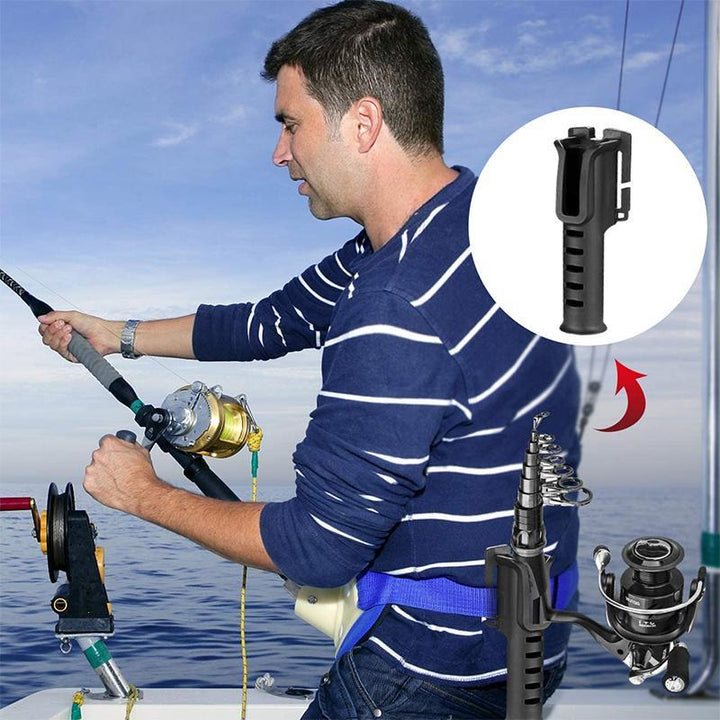 "Portabel fiskespöhållare i svart, grön och kaki med bältesfäste, gör fisket smidigare och mer bekvämt."