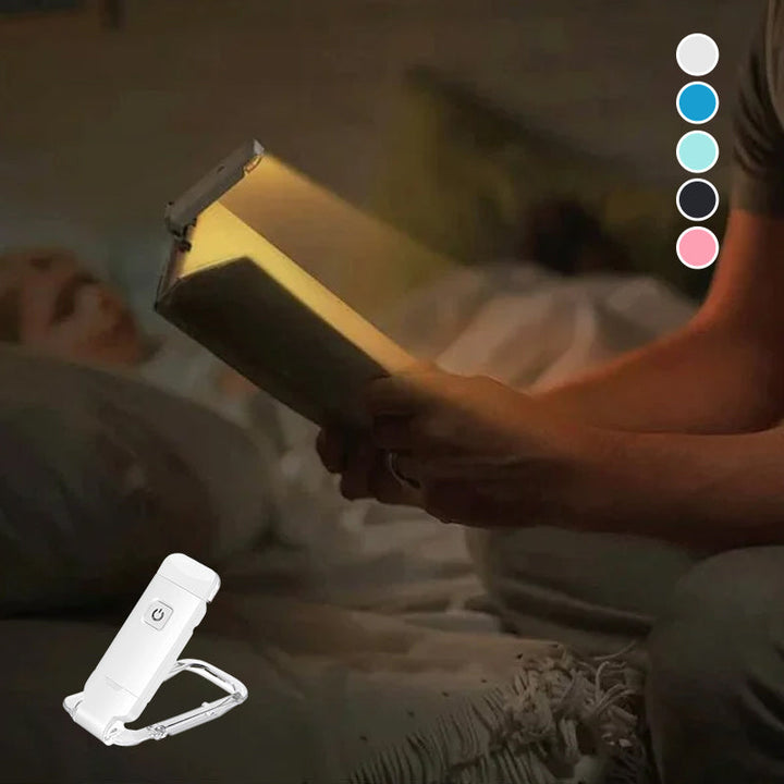 "Portabel justerbar uppladdningsbar LED-boklampa i rosa, svart, grön, blå eller vit med flexibel hållare och USB-laddning."