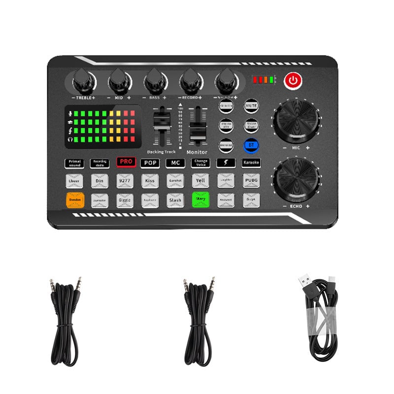 Portabelt ljudkort för livestreaming, kompakt design, lätta kontroller, professionell ljudkvalitet för kreatörer.