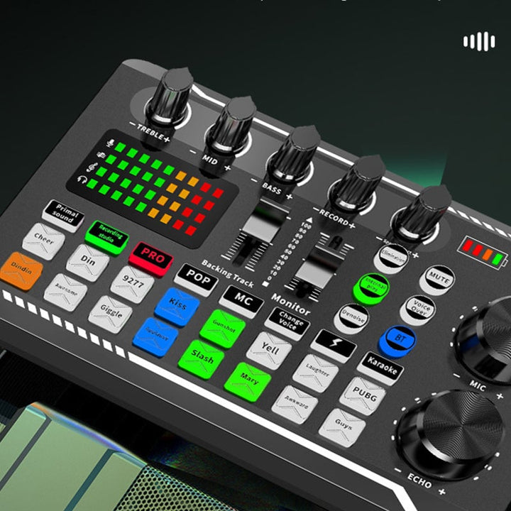 Portabelt ljudkort för livestreaming, kompakt design, lätta kontroller, professionell ljudkvalitet för kreatörer.