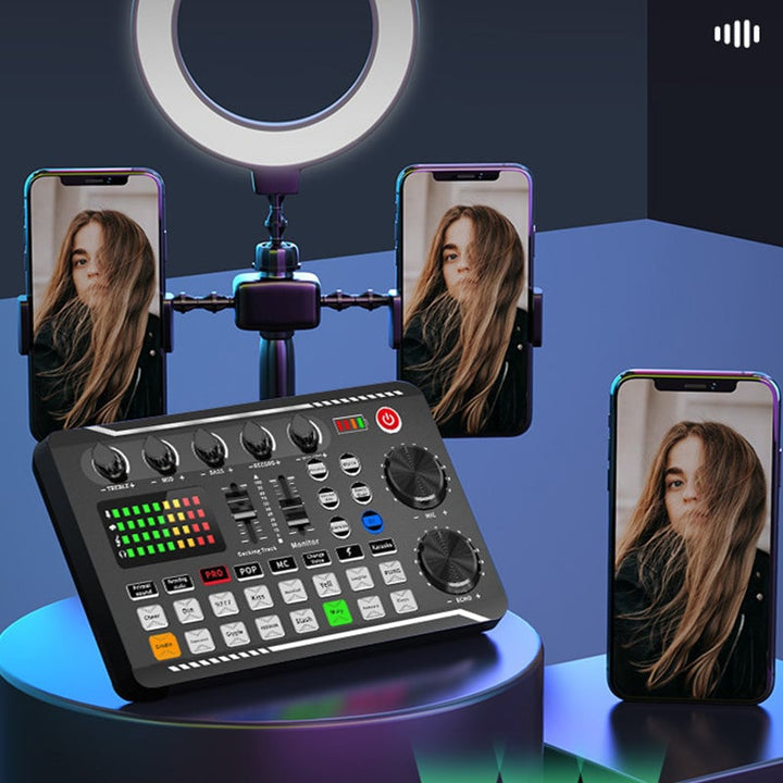 Portabelt ljudkort för livestreaming, kompakt design, lätta kontroller, professionell ljudkvalitet för kreatörer.
