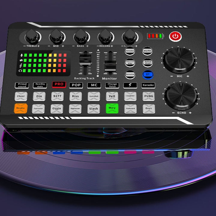 Portabelt ljudkort för livestreaming, kompakt design, lätta kontroller, professionell ljudkvalitet för kreatörer.