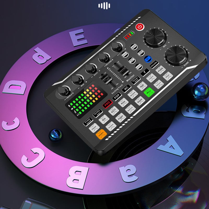 Portabelt ljudkort för livestreaming, kompakt design, lätta kontroller, professionell ljudkvalitet för kreatörer.